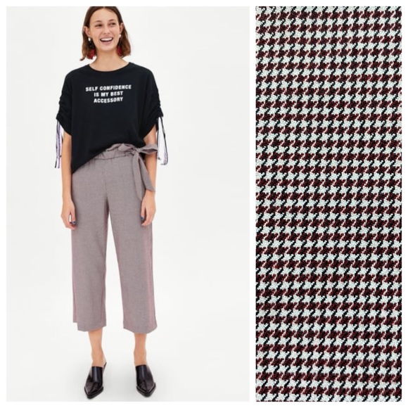 Zara Cropped Culottes Pants with Side Tie in Houndstooth Print - Picture 1 of 11